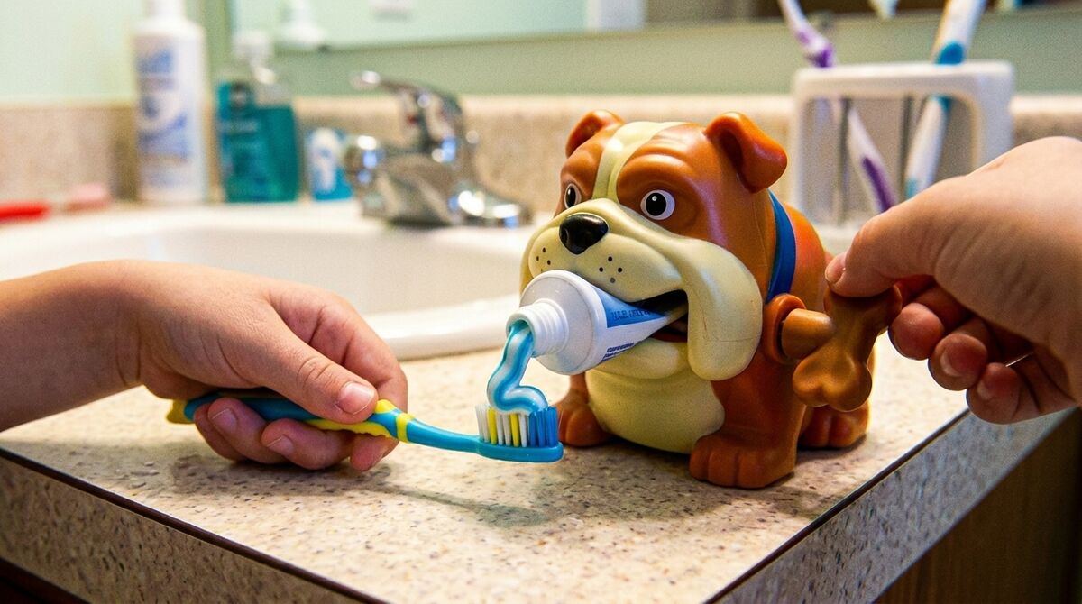 Toothpaste dispensing neatly from the tube onto a child's toothbrush