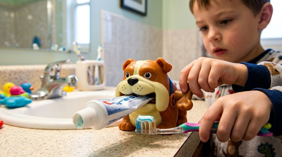 A boy in pajamas cranking the bulldog to put paste on his toothbrush