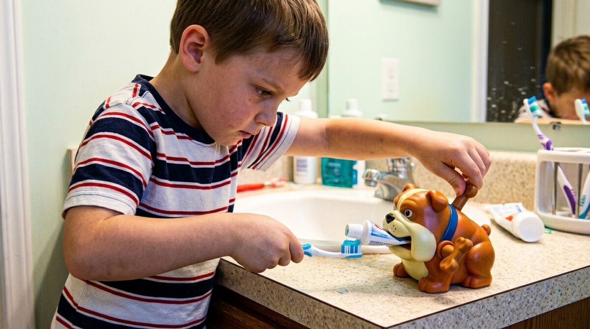 A boy in a striped shirt turning the bone crank while holding his toothbrush