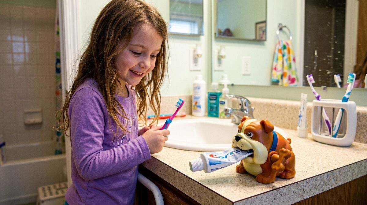 A smiling girl holding a pink toothbrush next to the bulldog squeezer