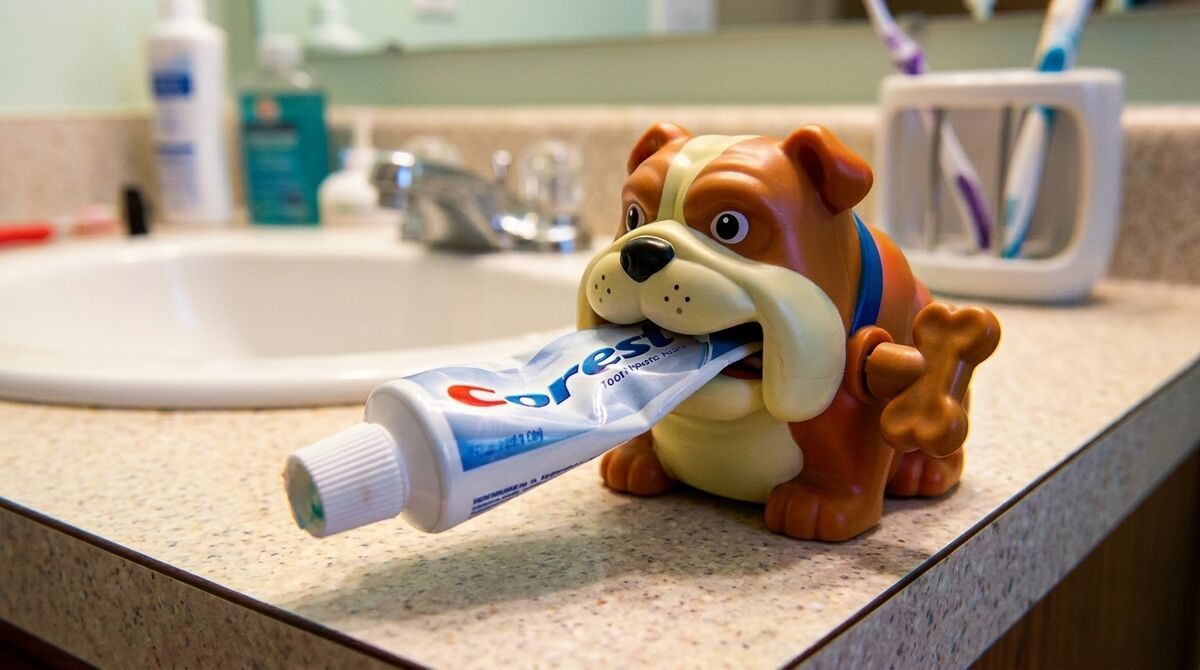 A cartoon bulldog toothpaste squeezer clamping down on a tube of toothpaste on a bathroom counter