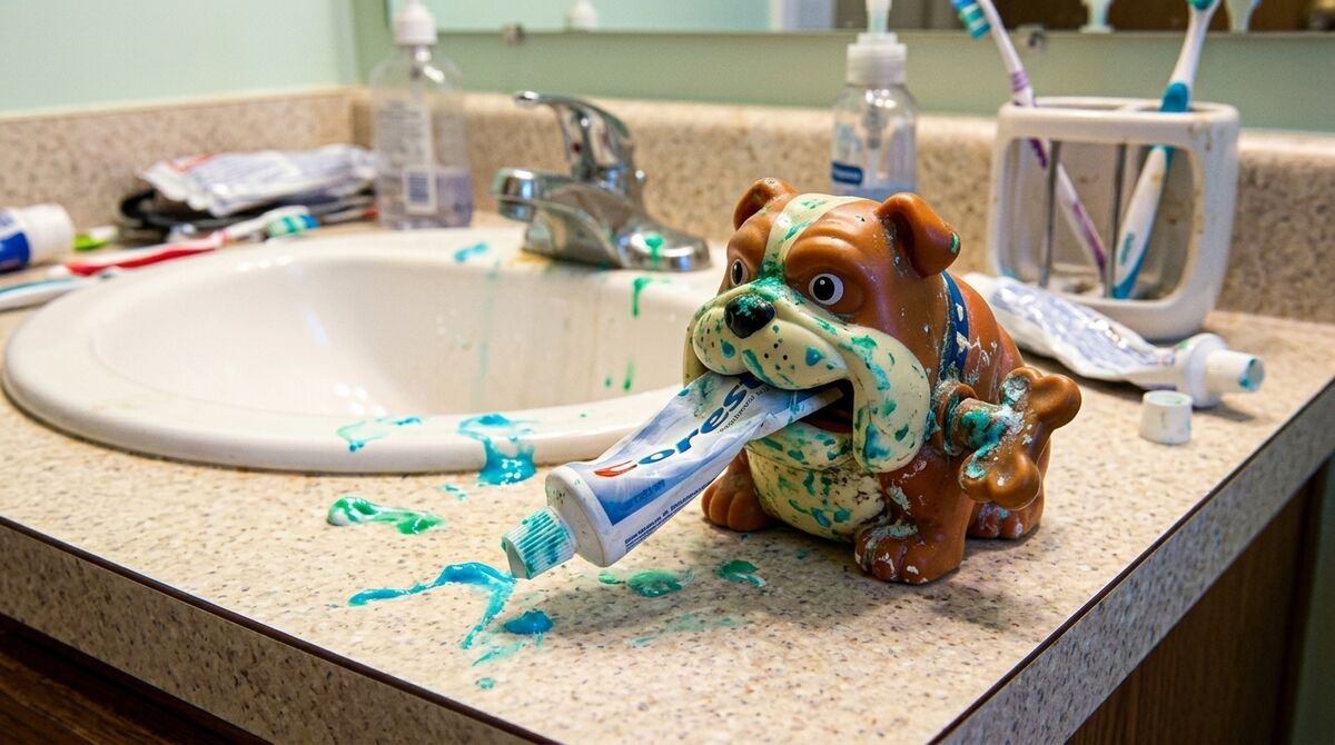 A bulldog squeezer splattered in green and blue toothpaste after being cranked too hard