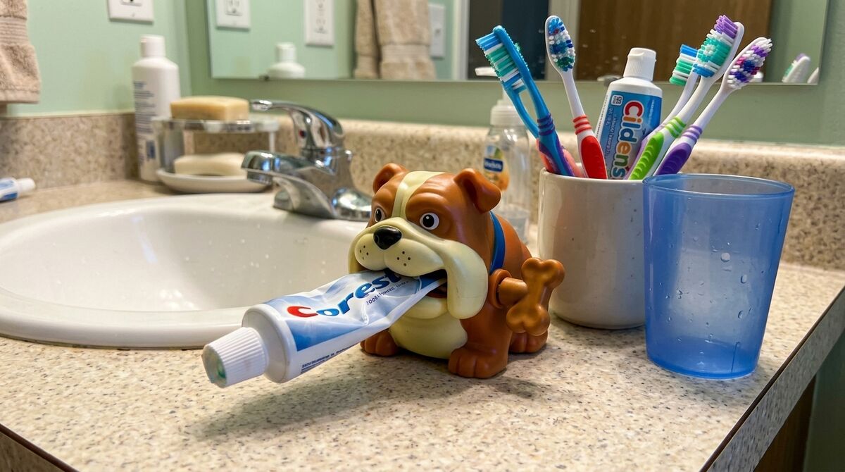 Bulldog squeezer next to a toothbrush cup